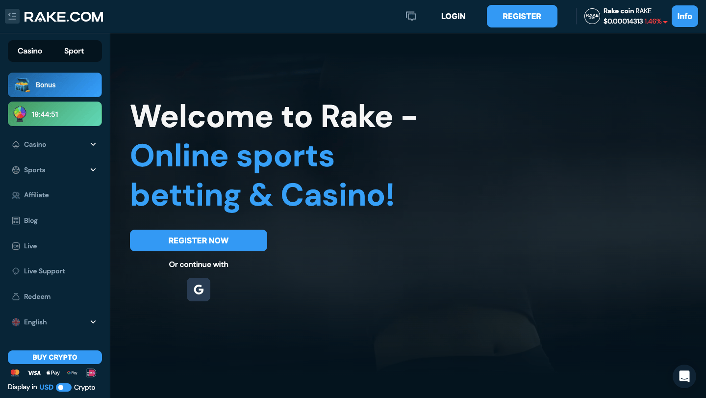 Rake Casino Homepage